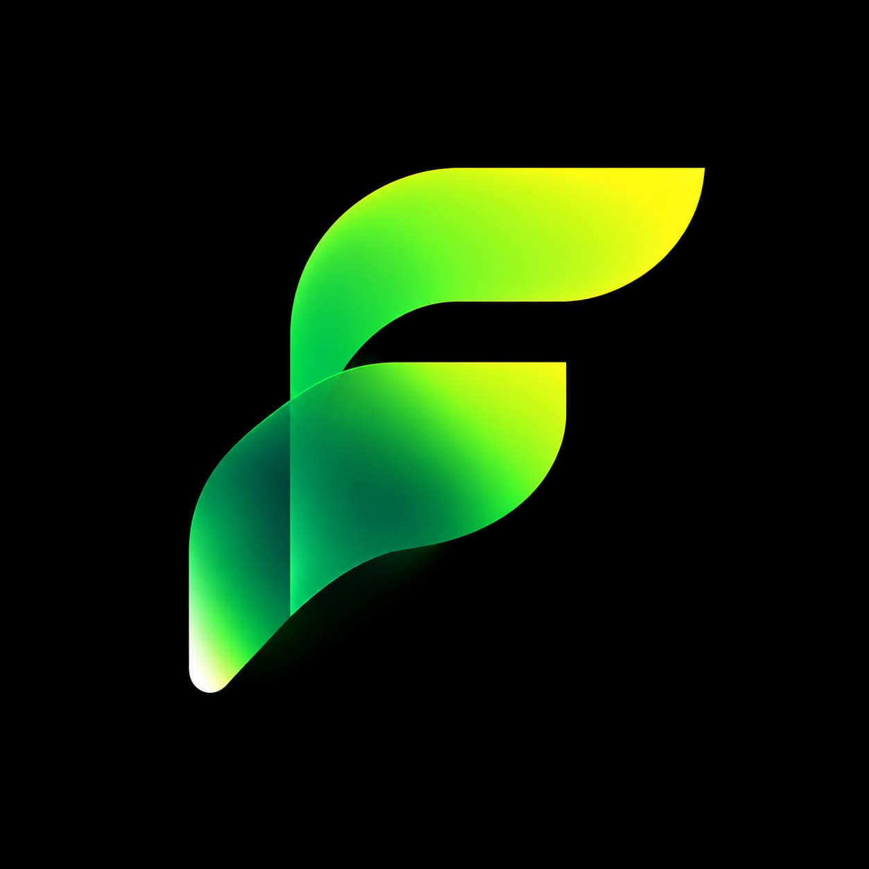 The Finatra monogram: a glowing green-to-yellow F on black.