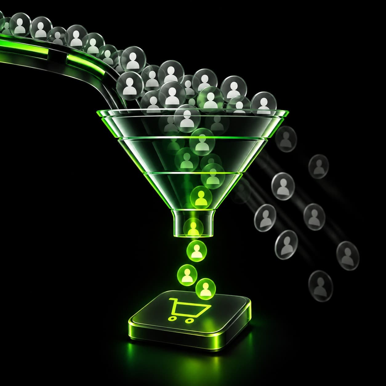 3D illustration of a conversion funnel filtering a crowd of visitor icons down to a single customer icon.