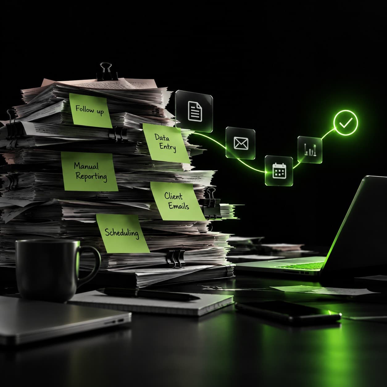 3D illustration of a stack of paperwork covered in manual-task sticky notes next to an automated, connected workflow.