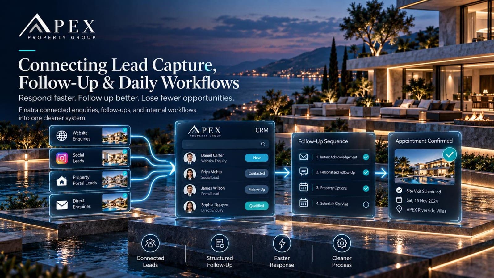APEX case study cover: enquiries from four channels connected into one CRM with a follow-up sequence and booked appointment.