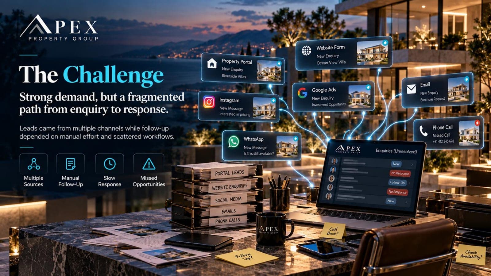 APEX challenge slide: enquiries arriving by portal, website, Instagram, WhatsApp, email and phone, stacking up unanswered.