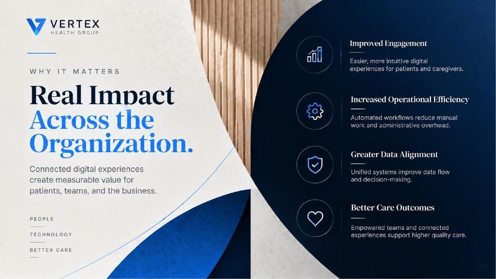 VERTEX impact slide: improved engagement, operational efficiency, data alignment and care outcomes.