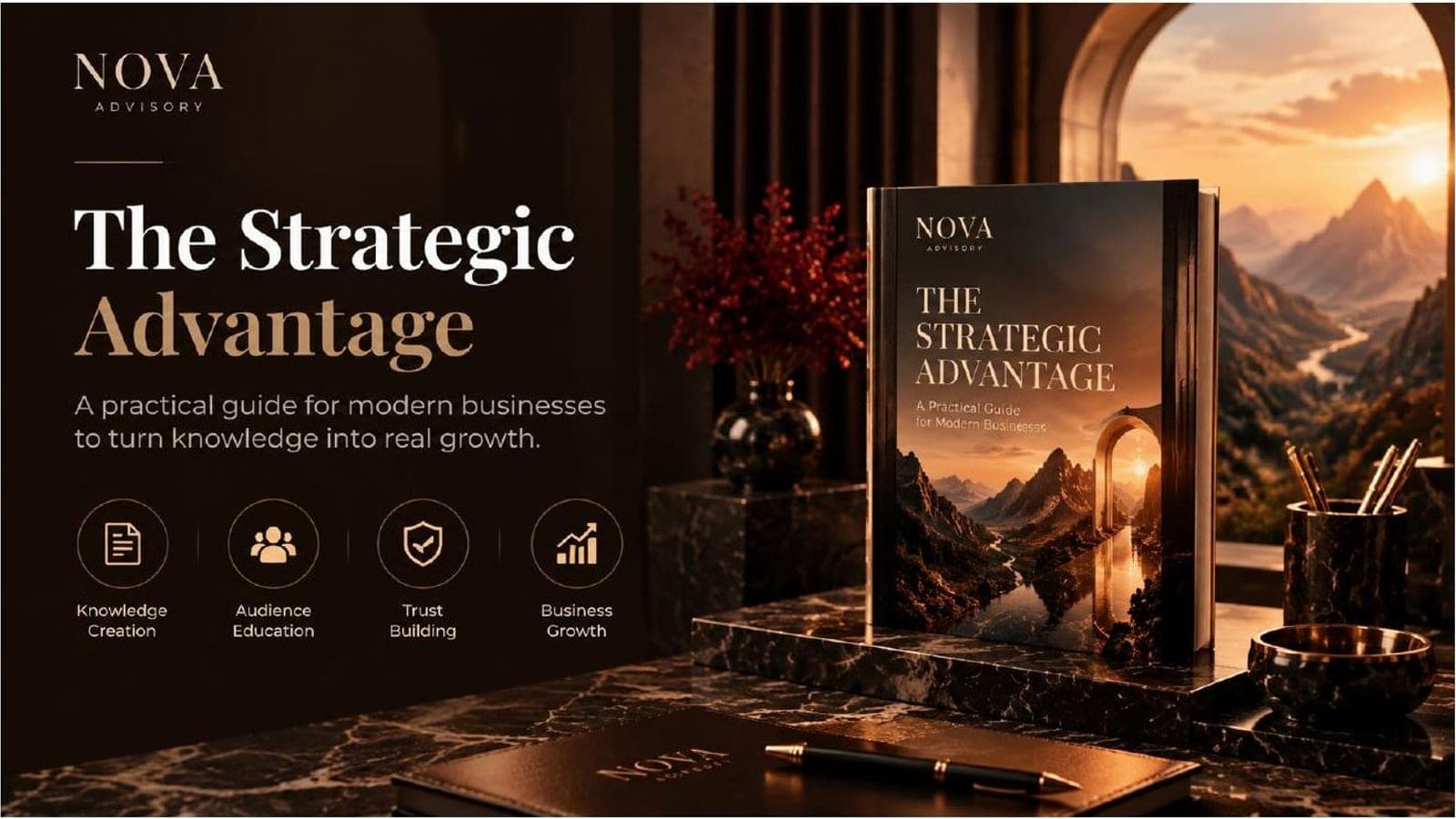 NOVA Advisory case study cover: “The Strategic Advantage” e-book on a desk.