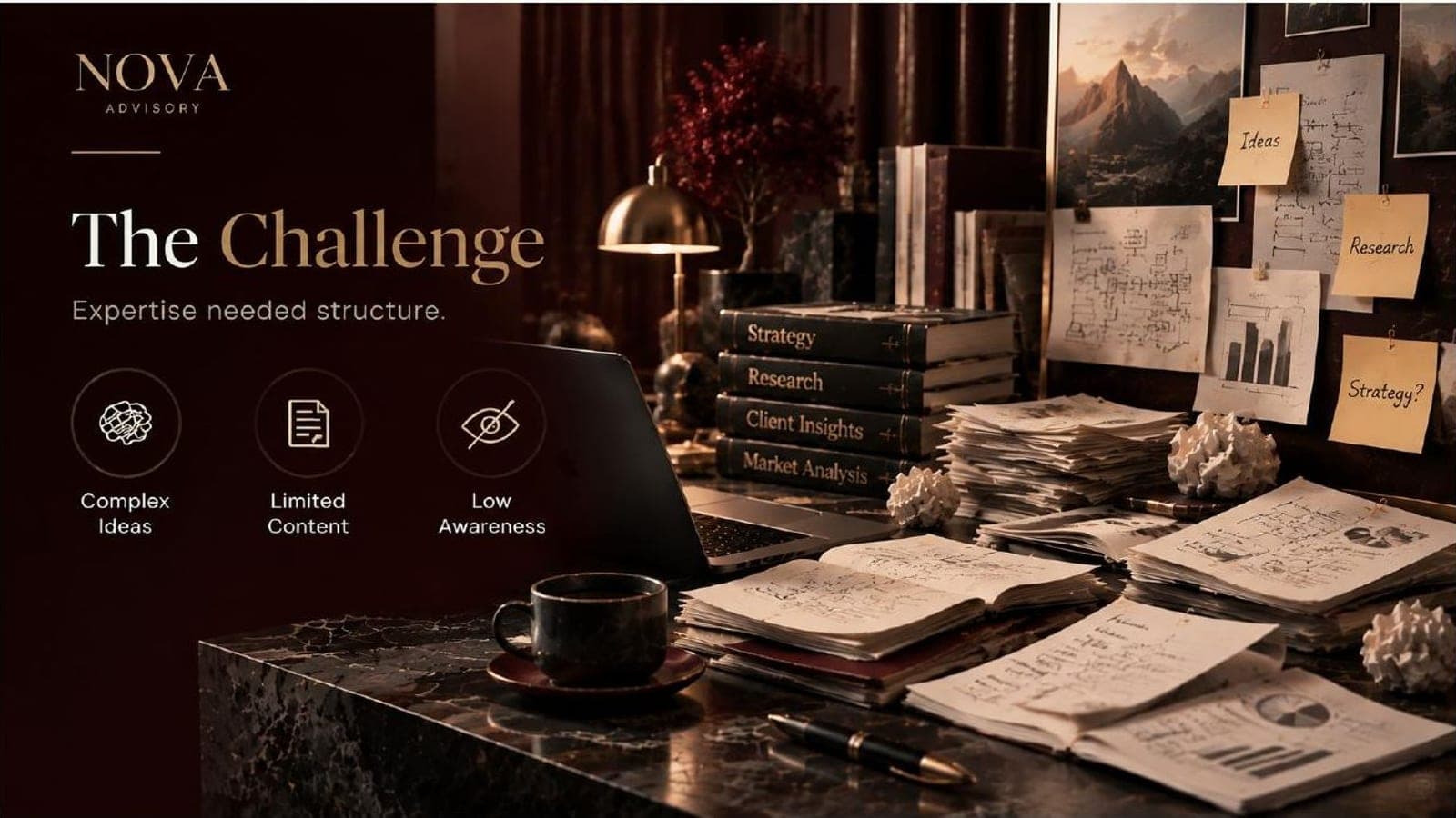 NOVA challenge slide: complex ideas, limited content and low awareness among stacks of research notes.