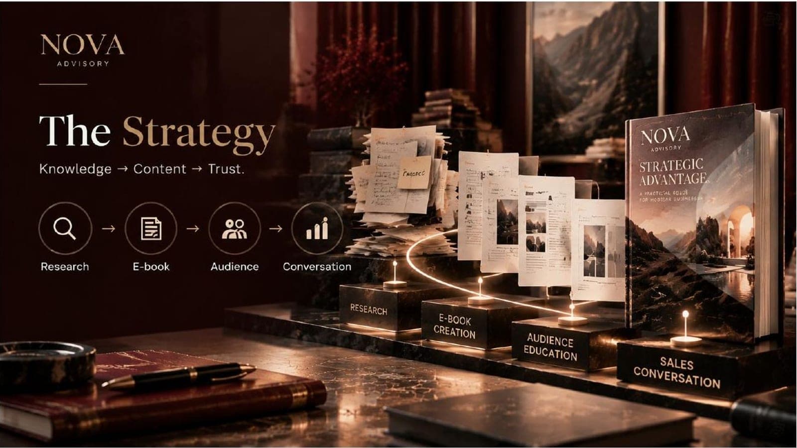 NOVA strategy slide: research, e-book, audience and conversation linked in sequence.