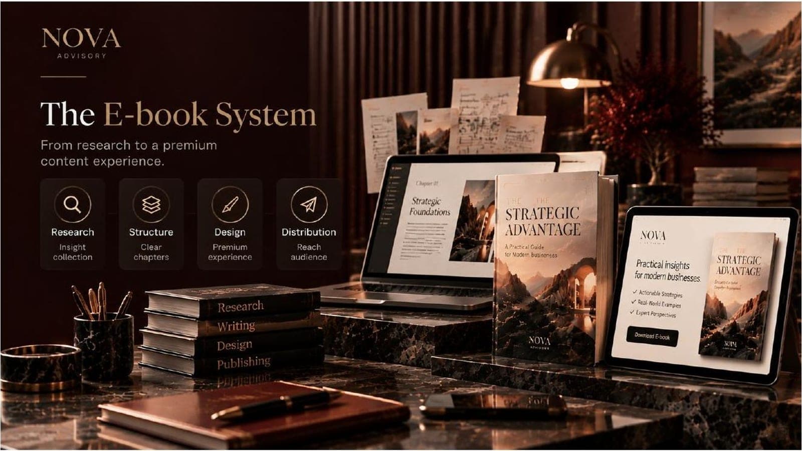 NOVA e-book system: research, structure, design and distribution, with the guide shown on book, laptop and tablet.