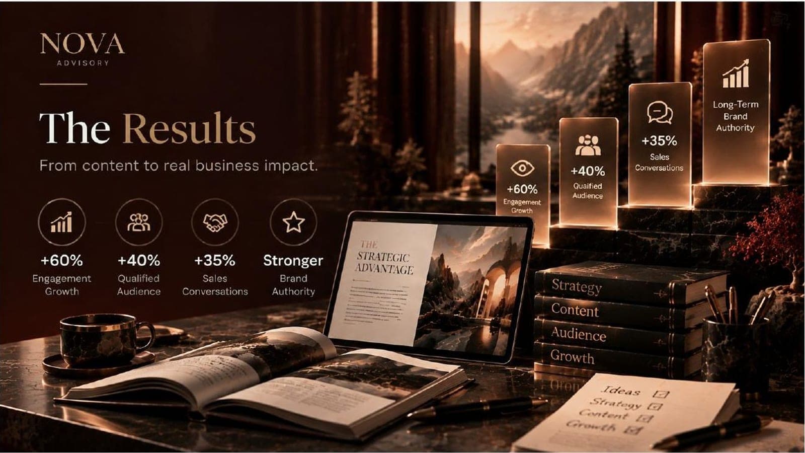 NOVA results slide: +60% engagement, +40% qualified audience, +35% sales conversations and stronger brand authority.