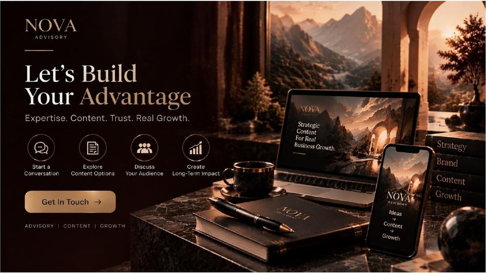 NOVA closing slide: “Let’s Build Your Advantage” with the e-book shown on laptop and phone.