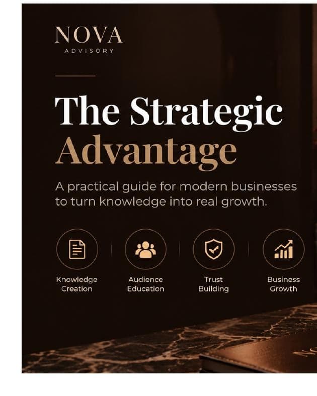 A branded strategy ebook cover displayed on a desk beside notes on knowledge creation and trust building.