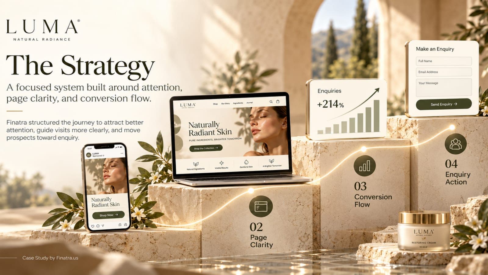 LUMA strategy slide: a four-step system from attention to page clarity, conversion flow and enquiry action.